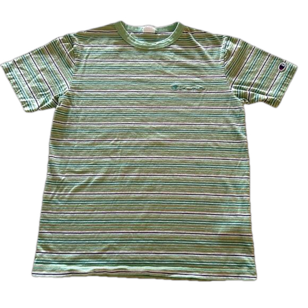 Champion Short Sleeves Striped T-Shirt Green Unisex Size Medium